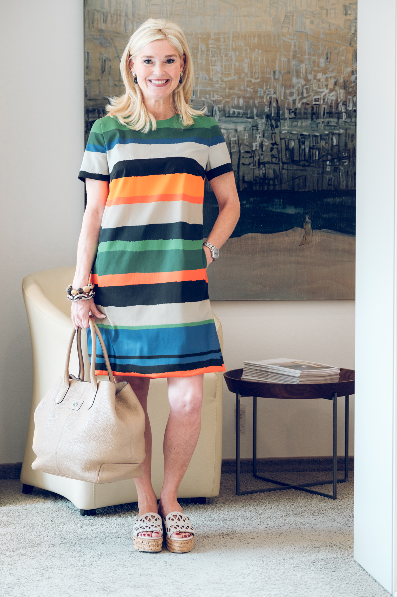 Hetkamp.de, Hetkamp Mode, Escada Sommerkleid gestreift, Sommerkleid gestreift Escada, gestreiftes Sommerkleid Escada, Bogner Tasche beige, Unützer Sandalen, Fashion-Blog, Lieblingsstil.com, Petra Dieners,